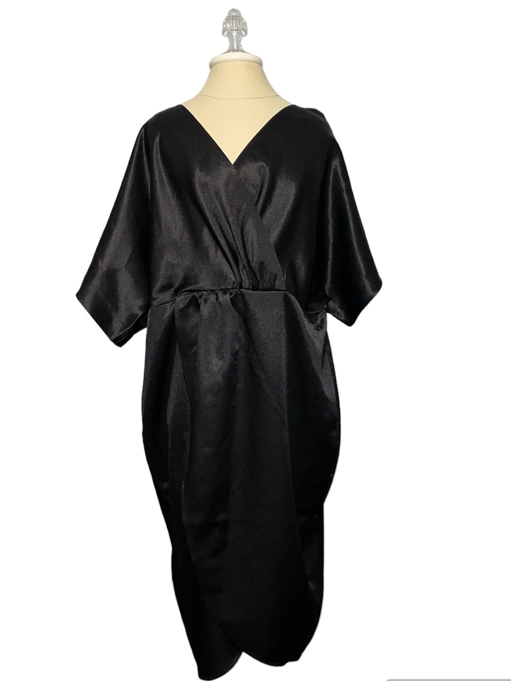 Express Black Satin V Neck Midi Dress XL Wrap Dolman Sleeve NWT Cocktail Glam